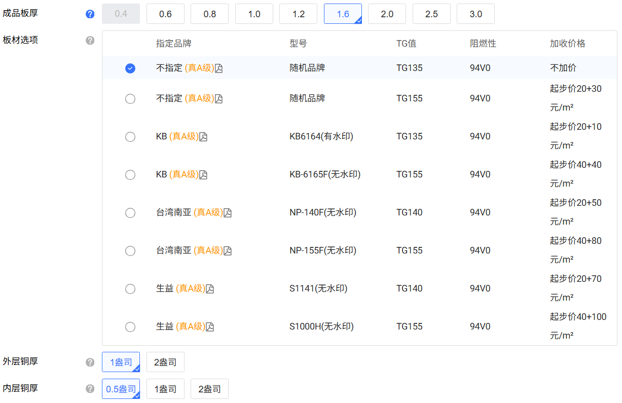 嘉立创PCB可选内外层铜厚
